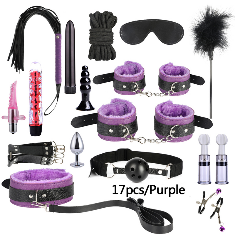 BDSM Bondage Sex Toys for Adults Handcuffs Nipple Clamps Whip Mouth Gag Butt Plug Dildo Vibrator Bondage Set for Adult