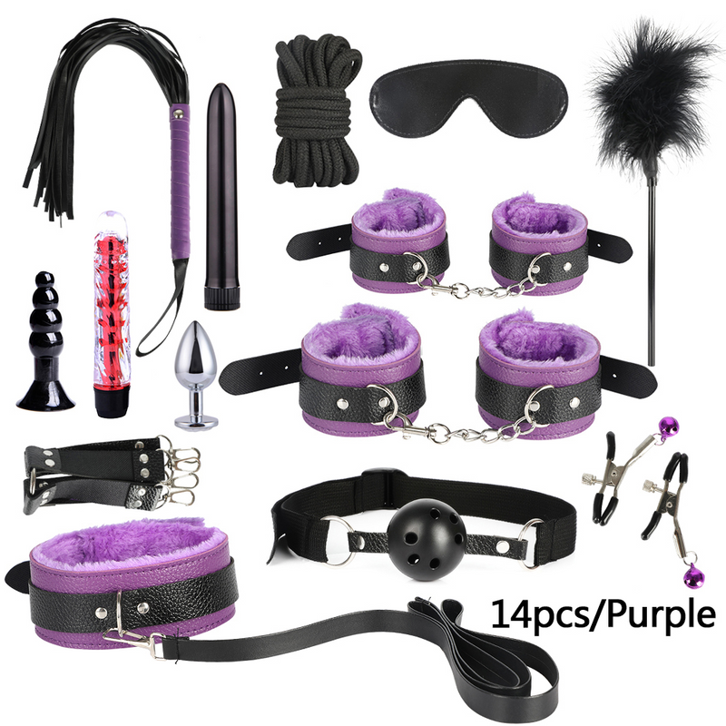 BDSM Bondage Sex Toys for Adults Handcuffs Nipple Clamps Whip Mouth Gag Butt Plug Dildo Vibrator Bondage Set for Adult