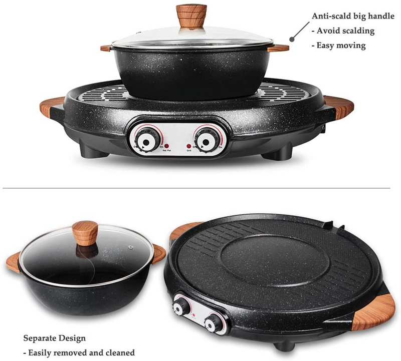 2 in 1 Smokeless Grill and Hot Pot Combo with Dual Temperature Control