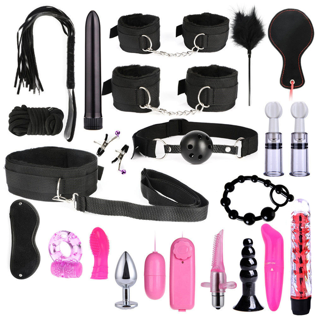 Bondage Set Adults Sex Toys For Women Men Handcuffs Nipple Clamps Whip Spanking Sex Metal Anal Plug Vibrator Butt Bdsm BDSM Kits