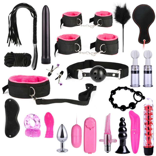 Bondage Set Adults Sex Toys For Women Men Handcuffs Nipple Clamps Whip Spanking Sex Metal Anal Plug Vibrator Butt Bdsm BDSM Kits