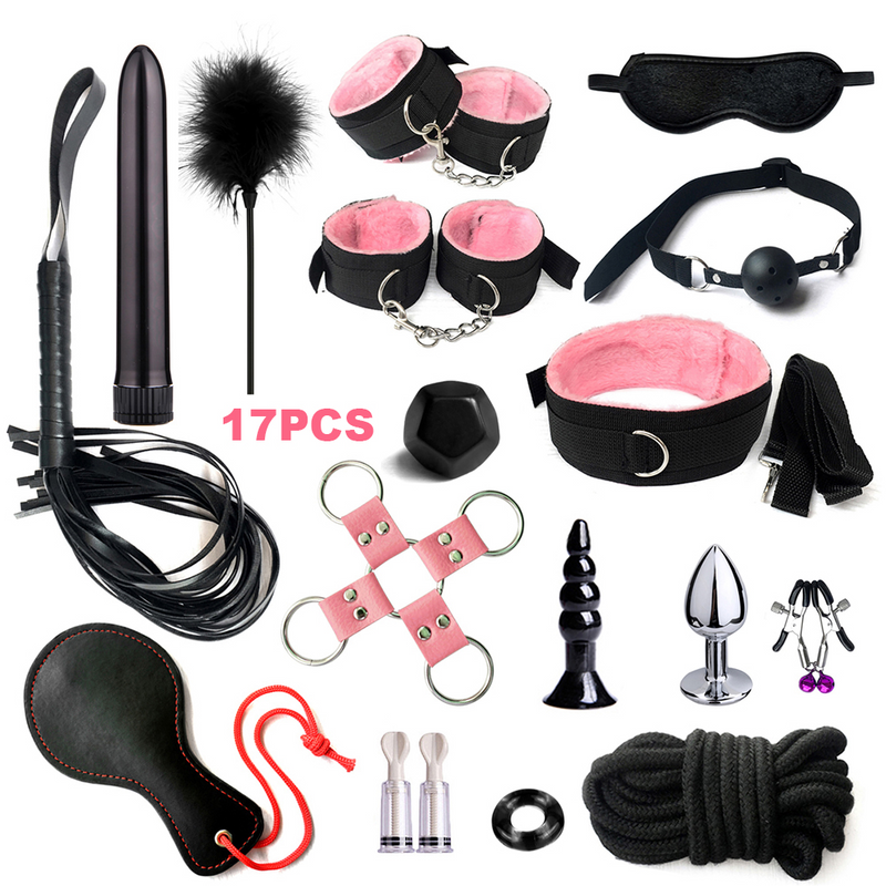 Exotic Bed Bondage Set BDSM Kits Sex Toys For Adults Games Leather Handcuffs Whip Gag Nipple Clamps