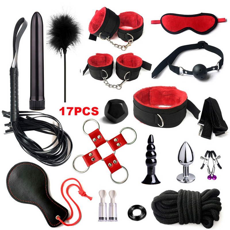 Exotic Bed Bondage Set BDSM Kits Sex Toys For Adults Games Leather Handcuffs Whip Gag Nipple Clamps