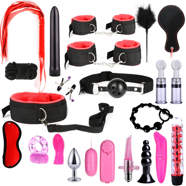 Bondage Set Adults Sex Toys For Women Men Handcuffs Nipple Clamps Whip Spanking Sex Metal Anal Plug Vibrator Butt Bdsm BDSM Kits